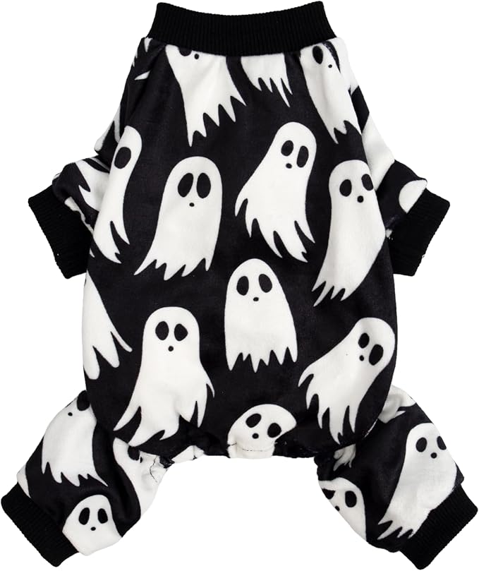 Halloween Ghost Dog Pajamas, Funny Halloween Costumes for Dogs, Fleece Dog Onesie with Feet, Doggy Clothes for Small Dogs Boy Girl, Pet Apparel, Black, White, XXL