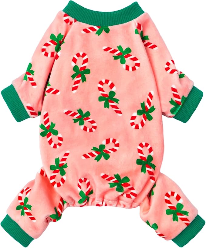 Candy Cane Dog Pajamas, Cozy Christmas Clothes for Small Dogs Girl, Holiday Pet Outfit, Pink, Green, Red, XXL