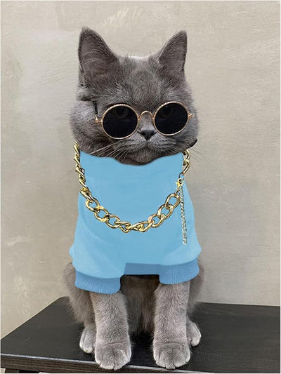 QWINEE 3Pcs Dog Hoodie Cat Apparel Dog Custume Set with Necklace and Sunglasses Pet Clothes for Puppy Small Medium Dogs Cats Light Blue Small