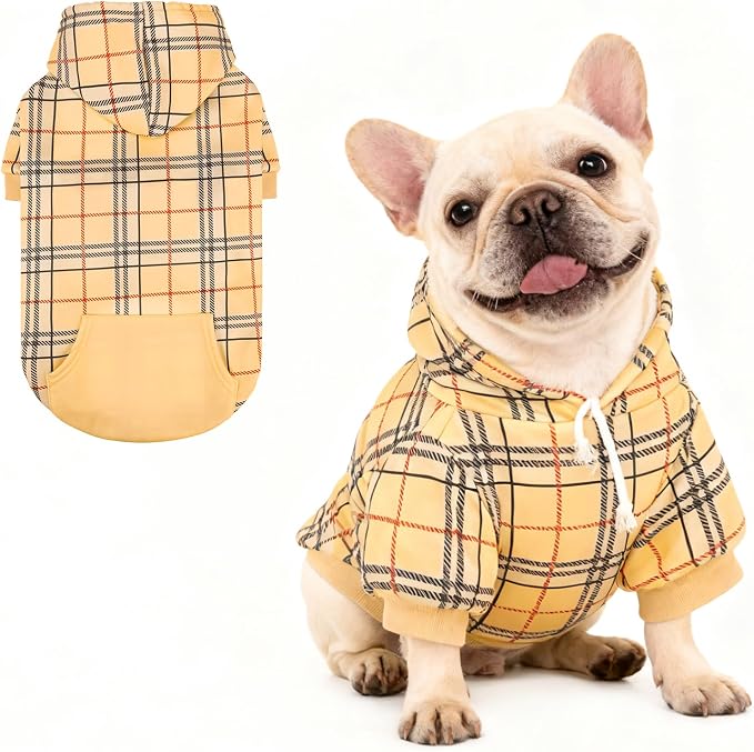 KOOLTAIL Plaid Dog Hoodie for Small Medium Large Dogs,Pet Clothes Sweater with Hat and Pocket for Cold Weather Winter, Soft&Warm Doggy Hooded Sweatshirt Coat Outfit for Puppy Cats Girls Boys Khaki SM