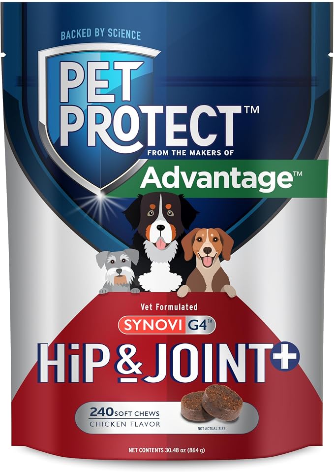 Dog Hip & Joint+ Supplement for Active & Aging Dogs, Vet-Formulated Synovi G4, Dog Glucosamine, Chicken-Flavored Soft Chews (240 Count)