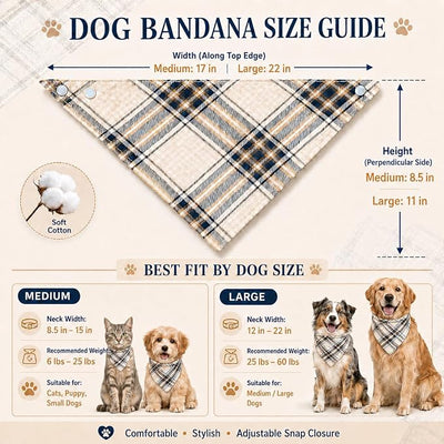 Dog Bandana Beige Navy Plaid 100% Cotton,Soft Adjustable Snap Closure,Large
