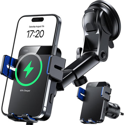 MOKPR Wireless Car Charger, 15W Auto Clamping Car Charger Dash Windshield Air Vent Phone Holder Compatible with iPhone 16 15 14/13/13 Pro/12 pro/12/11/X/8, Samsung S24/S23/S22, Blue
