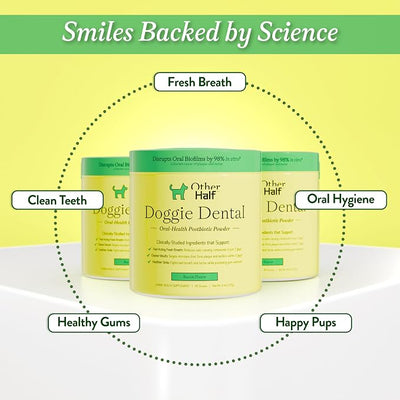 OTHER HALF Doggie Dental Supplement Powder - Dog Breath Freshener & Teeth Cleaning Made Easy - Oral Health Postbiotic for Dogs - Targets Tartar, Plaque & Bad Breath | 45 Scoops, Bacon Flavor