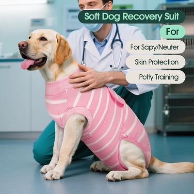 Kuoser Dog Surgery Recovery Suit, Soft Breathable Dog Recovery Suit for Female Spay Male Nueuter, Anti Licking Puppy Onesie Pet Surgical Suit for Dogs Abdominal Wounds Skin Disease, Pink Strips M