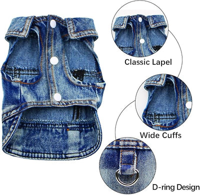 Dog Jean Jacket, Blue Denim Shirt Classic Lapel Vest Coat Costume Puppy T-Shirt, Comfort Tank Top Cool Apparel, Washed Pet Clothes for Dogs Boy Girl (with D-Ring, X-Large)