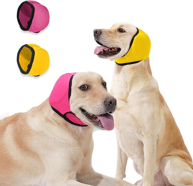 Dog Ear Covers,Dog Ear Muffs Noise Protection,No Flap Ear Wrap for Dogs Hematoma Recovery,Adjustable Calming Hoodie Shower Cap for Grooming,Bathing,Swimming & Anxiety Relief(Fuchsia&Yellow,M)