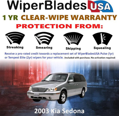 WiperBladesUSA Wiper Blades Set w/ 1yr warranty compatible with Kia Sedona 2003 Wipers (Set of 2) Pulse Wipers