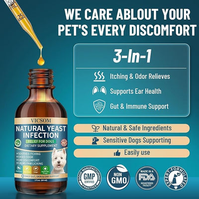 VICSOM Natural Dog Yeast Infection Treatment for Dogs, Itchy Skin & Ear Treatment Natural Support Allergy Relief, Dog Yeast Infection Relief, Support Irritation, Itching & Inflammation 60ml