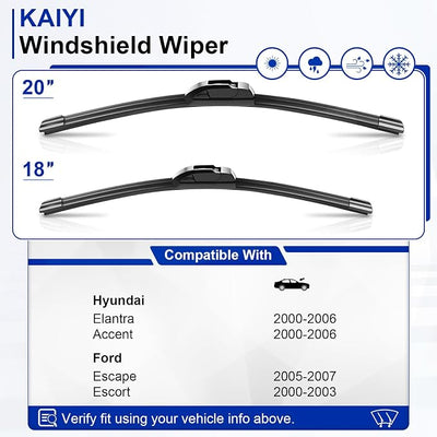 KAIYI 20" + 18" Windshield Wipers Compatible with Hyundai Elantra 2000-2006,Accent 2000-2006,Ford Escape 2005-2007,Escort 2000-2003 Premium Automotive Replacement Windshield Wiper Blades 2 Pack