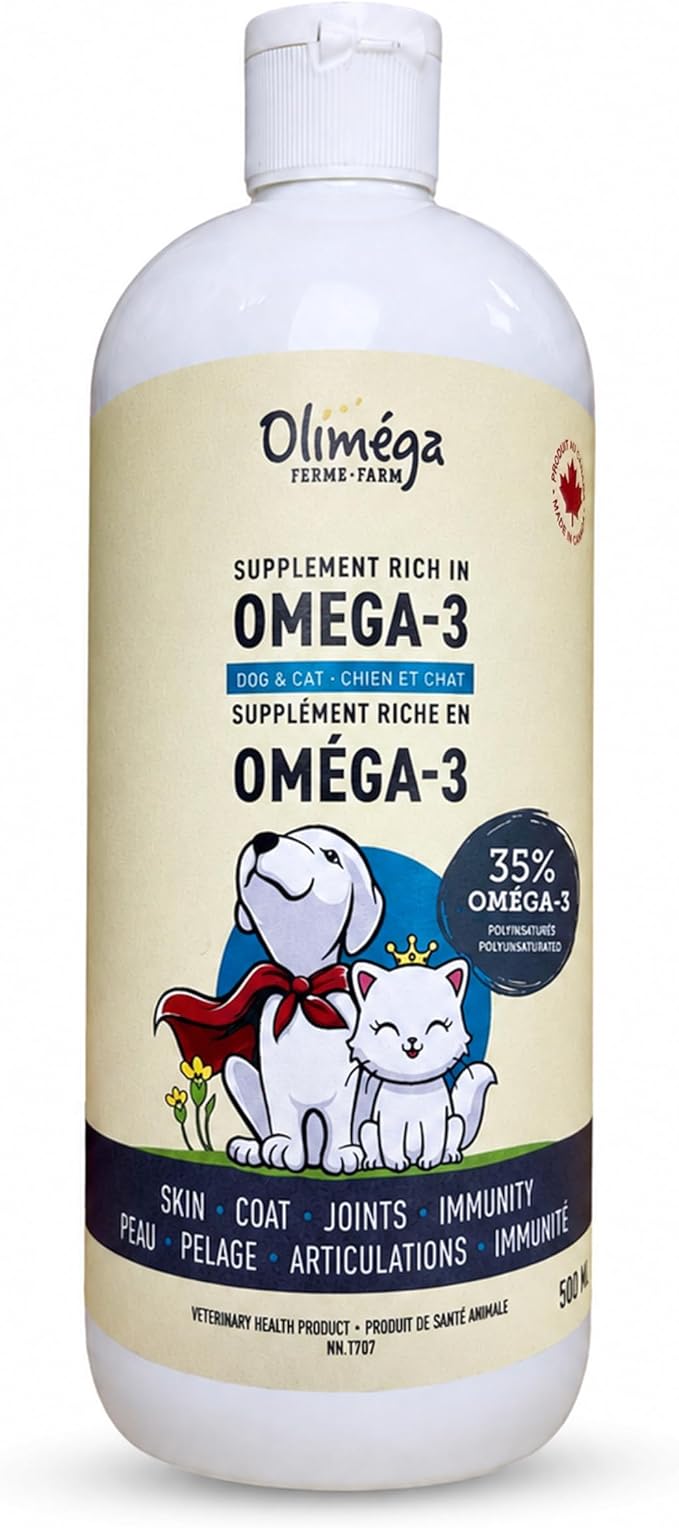 Camelina Oil for Dogs & Cats, 500mL by Olimega Farm | High in Omega-3 & Vitamin E | Support for Healthy Joints, Coat & Skin | Alternative to Salmon Oil for Dogs | Made in Canada | Non-GMO