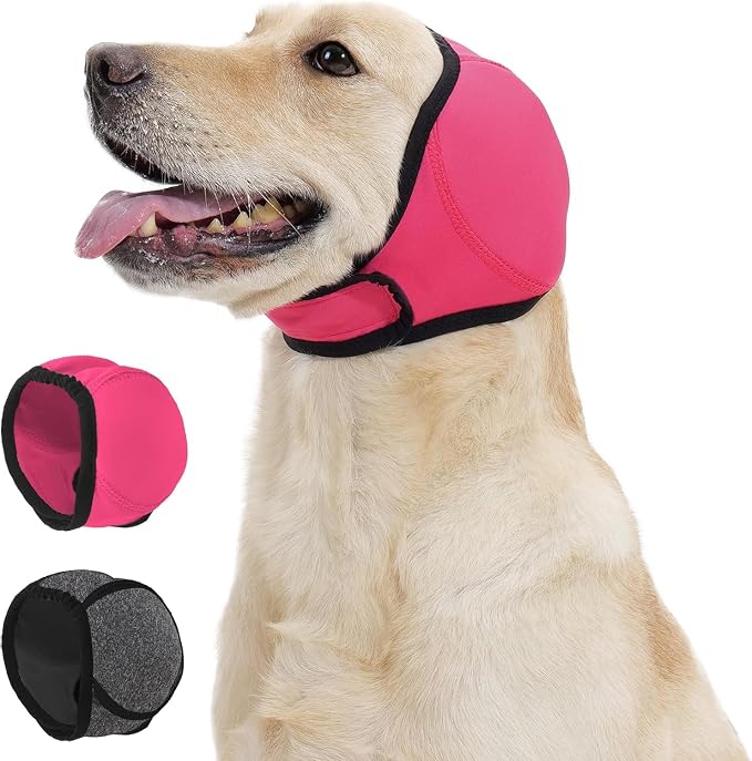 Dog Calming Hoodie Quiet Ear Cover for Noise Protection Anxiety Relief Ear Muffs, No Shake Ear Wraps for Dogs, Waterproof Swim Cap Bath Blow Dry Headband Wraps for Ear Hematoma Groom Fireworks(M,pink)