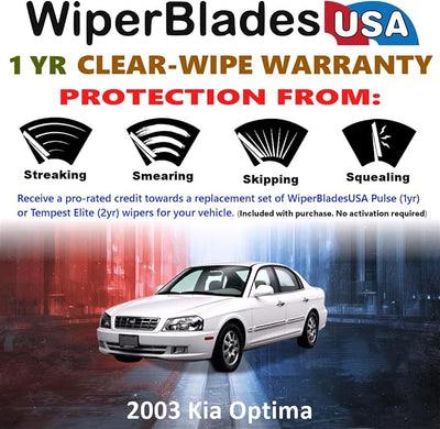 WiperBladesUSA Wiper Blades Set w/ 1yr warranty compatible with Kia Optima 2003 Wipers (Set of 2) Pulse Wipers
