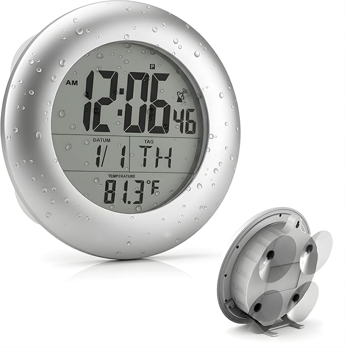 Sonnet Shower Clock for Bathroom and Kitchen - Large Digital Display Shows Time, Date, Day of The Week and Temperature. Large Suction Cups, Hanging Hole, and Kick Stand - Atomic Clock