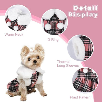 Dog Sweater with Leash Set D Ring Plaid Fleece Dog Clothes for Small Dogs Girl Boy Winter Puppy Dress Cold Weather Coat Fall XXS Sweater for Chihuahua Yorkie Cat Doggy Costumes, Pink, M