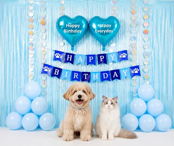 Pet Birthday Decorations Set for Boy Dog & Cat, Birthday Party Supplies with Blue Fringe Backdrop, Happy Birthday Banner & Heart Balloons, Cute Photo Props for Pet Milestone