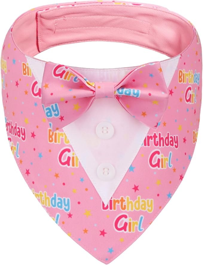 Birthday Girl Dog Tuxedo Bandana, Pink Collar with Bow Tie, Adjustable Formal Birthday Costume for Extra Small Dogs (XS)