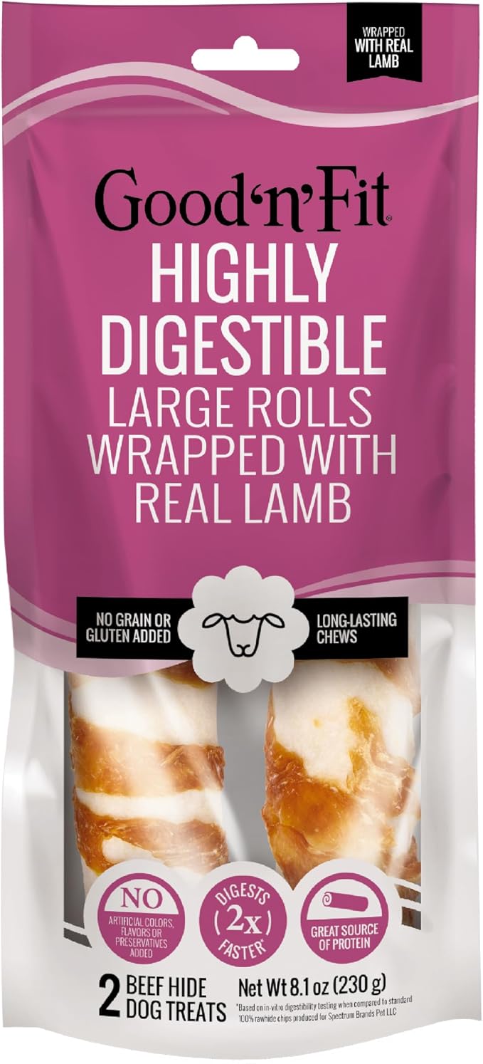 Good ‘n’ Fit Rolls Made with Real Lamb, 2 Large Rolls, Treat Your Dog to Long-Lasting and Highly Digestible Rawhide Chews