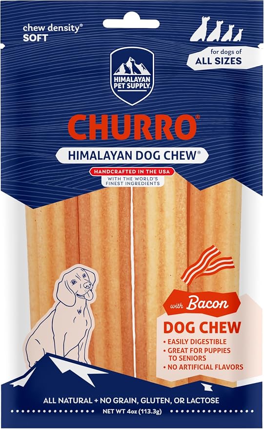 Churro Yak Cheese Dog Chews, 100% Natural, Long Lasting, Gluten Free, Healthy & Safe Dog Treats, Lactose & Grain Free, Protein Rich, For All Breeds, Soft, Real Bacon Flavor, 4 Pack