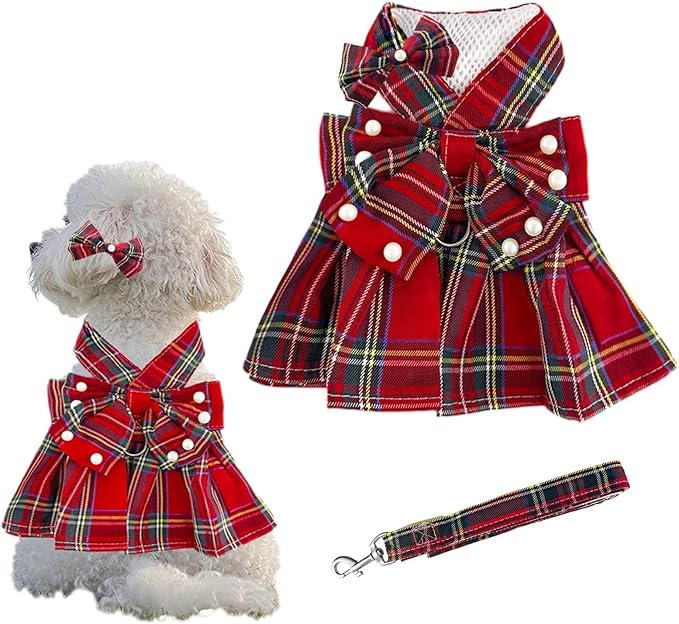 1 Pcs Cute Dog Dress Puppy Clothes with Bownot for Female Girl Small Dogs Outfits Harness for Outdoor Walking Birthday Party Red Plaid Skirt XS