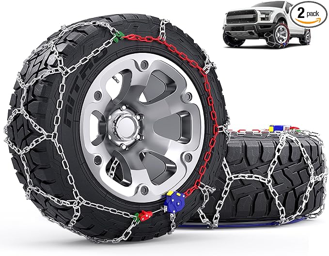 Snow-Chains Auto Fixing 1 Min Quick Installation Tire-Chains, Heavy-Duty Emergency Tire Traction Chain for Pickup Trucks and Off-road SUV Car Tires 235 245 255 265 275 - Set of 2 (HYR-S)