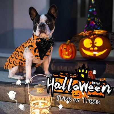 Kuoser Dog Tuxedo Suit and Bandana Set, Bat Pumpkin Print Dogs Halloween Outfit Adjustable Dog Halloween Costume with Bow Tie for Large Medium Small Dogs Golden Retriever Samo Bulldogs, Orange S