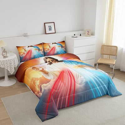 Erosebridal Modern Comforter Set, Easter Duvet Sets Queen Size for Teens Adult Women Bedroom Decor, Blue and Red Lines Stripe Down Comforter 3 Pieces with 2 Pillow Cases