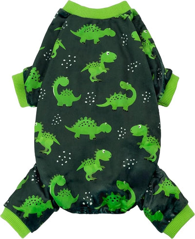 Fitwarm Dinosaur Dog Fleece Pajamas, Warm Clothes for Small Dogs Boy, Cozy Pet Onesie with Feet, Dark Green, Bright Green, Medium