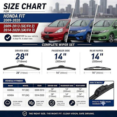 AERO Wipers OEM Replacement for Honda Fit 2020 2019 2018 2017 2016 2015 2014 2013 2012 2011 2000 2009, 28"+14" Front + 14" Rear, Windshield Wiper Blades with Extra Squeegee Refills (Set of 3)