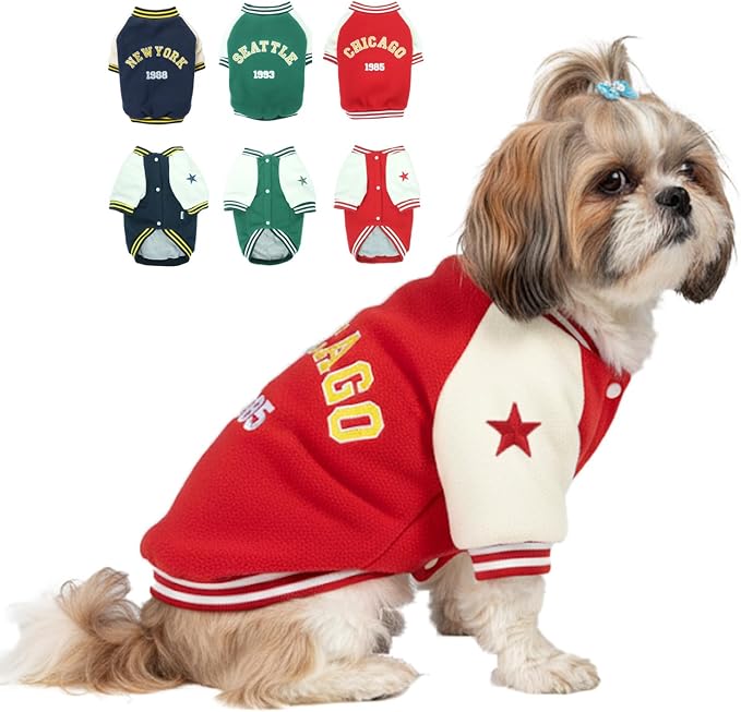 Small Dog Fleece Varsity Jackets for Winter, Warm Pet Coats for Cold Weather, Heavyweight Coat for Cat and Puppy, Doggy Baseball Uniform Outfit, Cozy Sport Christmas Costumes for Dogs, Red, S