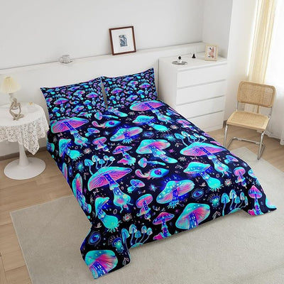 Cute Mushroom Comforter Set For Kids, Cartoon Kawaii Bedding Set Queen Size Galaxy Starry Sky Duvet Sets For Girls Boys Teens,Farmhouse Plant Quilted Duvet 3 Pieces With 2 Pillow Cases, Blue Purple