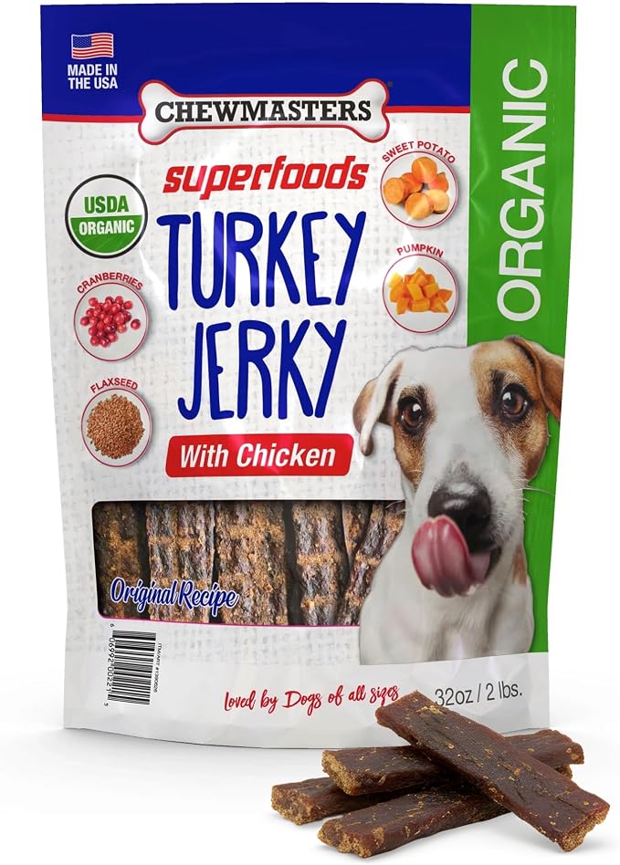 Organic Turkey Jerky with Chicken Dog Treat - High Protein, Grain Free and Gluten Free Healthy Dog Treats, Real Turkey Meat Snack, Jerky Dog Treats, Low Fat, Made in USA, 2 lb