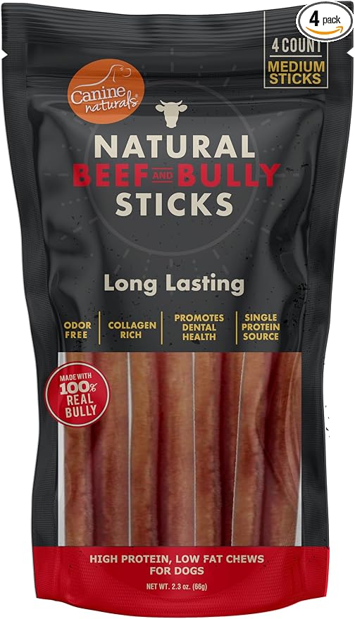 Natural Beef & Bully Sticks | Long-Lasting, Odor Free, High Protein Chews Made with 100% Real Bully | 4 Count Medium Sticks