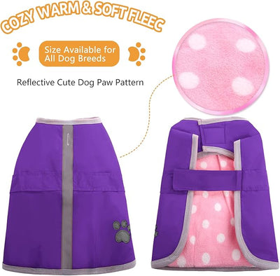 Queenmore Dog Winter Coat, Cold Weather Fleece Jacket for Dogs, Waterproof Reflective Reversible, for Small, Medium and Large Dogs (Purple, XL)