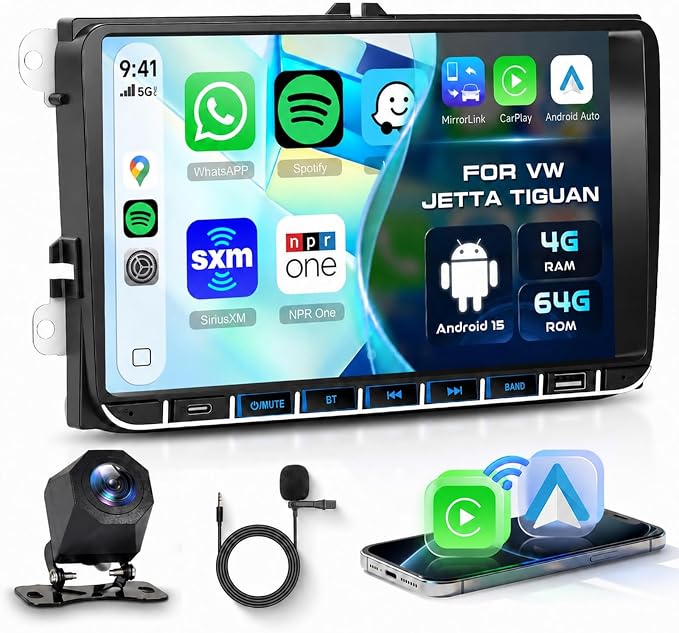 4+64G 9" Car Stereo for VW Volkswagen Seat Golf Passat Jetta Beetle Tiguan | Wireless CarPlay & Android Auto Radio with Android GPS 5G WiFi Bluetooth FM/RDS Dual USB SWC HD Backup Camera
