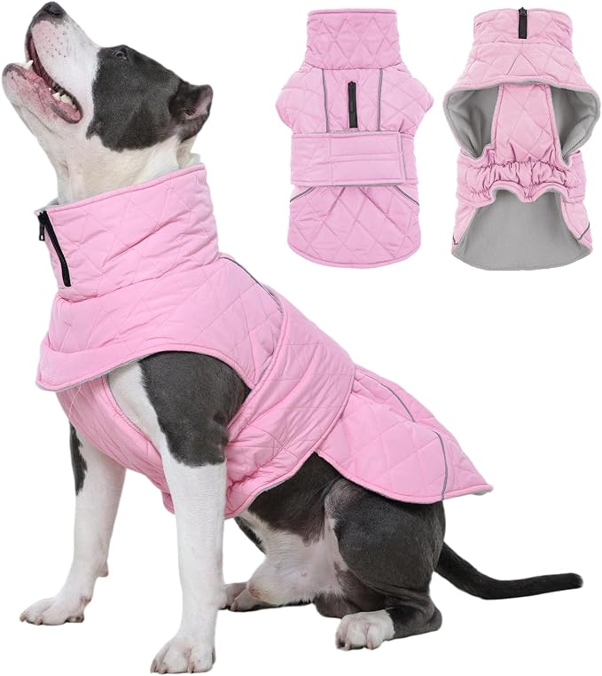 Dog Winter Coat Waterproof Dog Snow Jacket, Warm Fleece Lined Pet Turtleneck Snowsuit Puppy Cold Weather Coats with Harness Hole, Adjustable Winter Vest for Medium Large Dogs, Pink, L