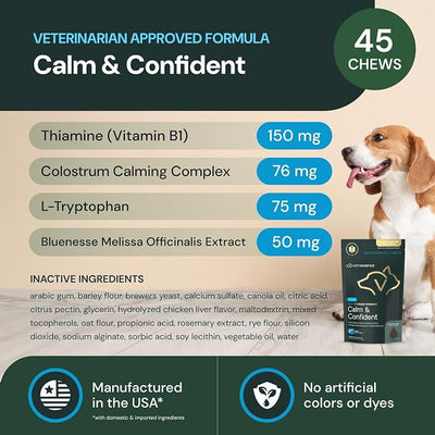 VETRISCIENCE Max Veterinary Strength Calm & Confident Chews - Stress Supplement for Pets - Supports Brain Function for Cats & Dogs - with Lemon Balm Extract, L-Theanine, Thiamine & More - 45 Count