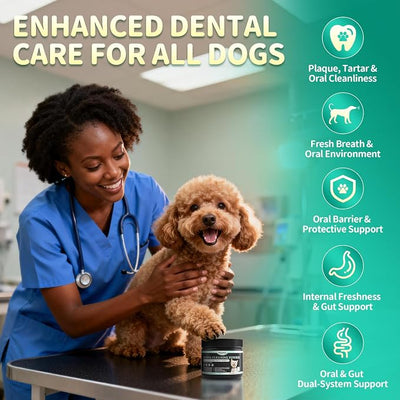 Dog Dental Powder – Teeth Cleaning Powder with 6B CFU Probiotics, Enzymes & Antioxidants, Plaque & Tartar Off, Fresh Breath Support, 75 Days, Mint Chicken Flavor, No Brushing Oral Care