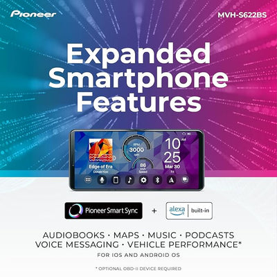 Pioneer MVH-S622BS Double Din Digital Media Receiver – Bluetooth, SiriusXM, Color Change, USB, FLAC, Voice Control, 50W x 4 Output, 13-Band EQ, AM/FM Radio, Hi-Volt RCA Preouts