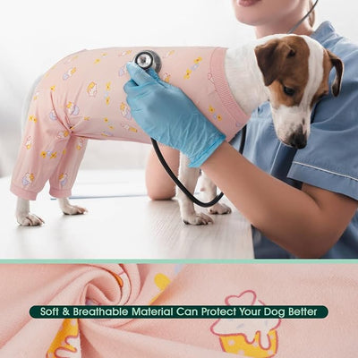 Kuoser Dog Recovery Suit with Anti Licking Rear Leg Sleeve, PinkCake 3XL | Abdominal Dog Surgical Suit with Pants Cover Protect Wounds, Dogs Elbow Protector Soft Pet Surgery Onesie Cone Alternative