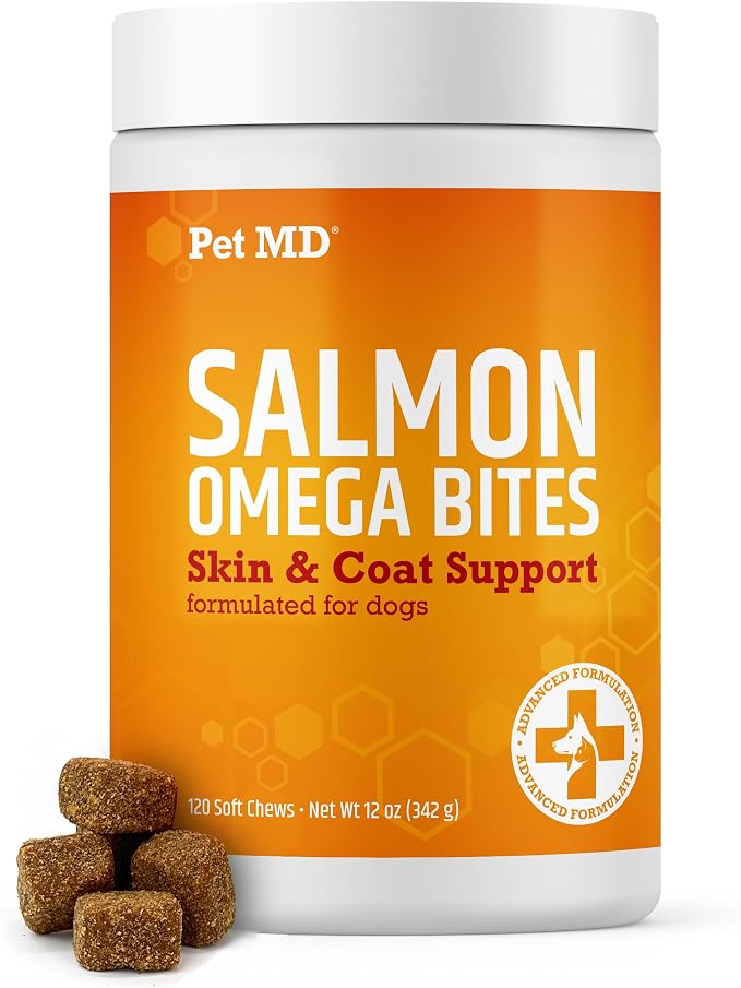 Pet MD Salmon Oil Chews for Dogs - Dog Skin and Coat Supplement - 120ct | Omega 3 & 6 for Pets with DHA & EPA - Promotes Allergy & Dry Skin Relief