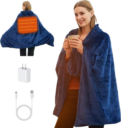 USB Heated Blanket, Cordless Electric Blanket Throw 3 Heating Levels, Portable Car Blanket with Pocket for Camping, Outdoor, Office, Travel, Home, 58"x 38" (Battery Not Included) Navy
