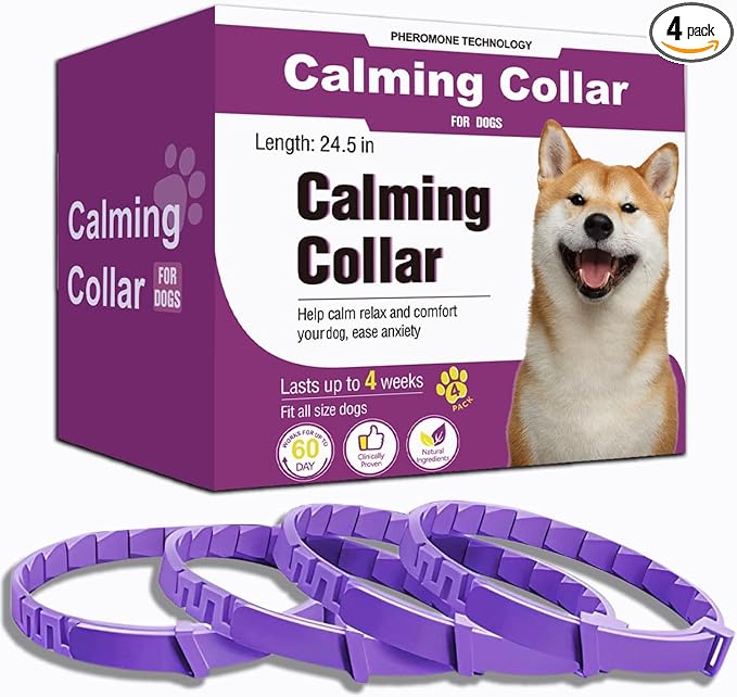 Calming Collar for Dogs, 4 Packs Dog Pheromone Calm Collars to Relief Anxiety Stress Separation, Long Lasting Pheromone for 60 Days, 25 Inches Adjustable for Small Medium and Large Dog (Pruple)