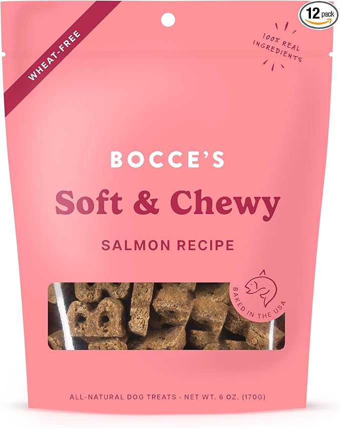 Bocce's Bakery Oven Baked Salmon Recipe Treats for Dogs, Wheat-Free Everyday Dog Treats, Made with Real Ingredients, Baked in The USA, Natural Soft & Chewy Cookies, Salmon, 6 oz (Pack of 12)