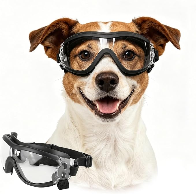 Clear Dog Goggles Medium-Small Breed, UV Protection Dog Sunglasses for Medium Dogs, Windproof Dust-Proof, Dog Eye Protection for Outside Cycling Driving, Adjustable Straps, Clear