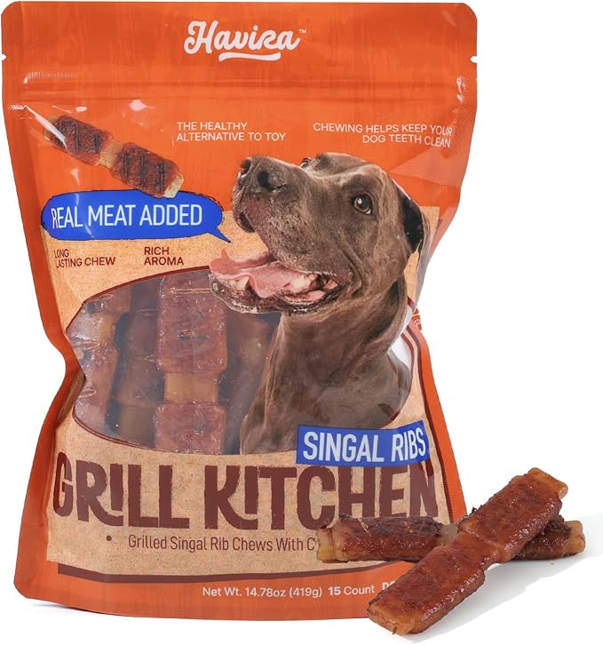 BBQ Dog Treats Single Rib 15 Count, Grill-Shaped Rawhide Free Dog Chews Bone, Easily Digestible, for All Life Stages