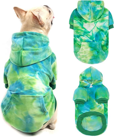PAWCHIE Dog Hoodie for Small Dogs,Tie Dye Dog Cloth with Leash Hole,Puppy Sweatshirt, Pet Outfit, Cat Apparel,Blue Green,XS
