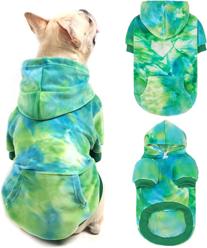 PAWCHIE Dog Hoodie for Small Dogs,Tie Dye Dog Cloth with Leash Hole,Puppy Sweatshirt, Pet Outfit, Cat Apparel,Blue Green,M