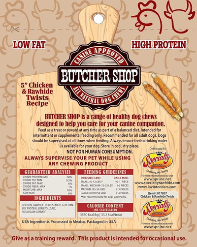 Butcher Shop 5” Chicken & Rawhide Twists Dog Treats (2 Pack - 8 oz per Pack)