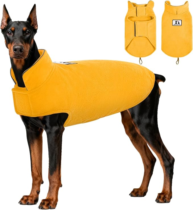 DENTRUN Reversible Dog Coat - Windproof Polar Fleece Vest with Reflective Neck Strips, Hook & Loop Closures, Easy-On Cold Weather Jacket for Large Dogs, XXL